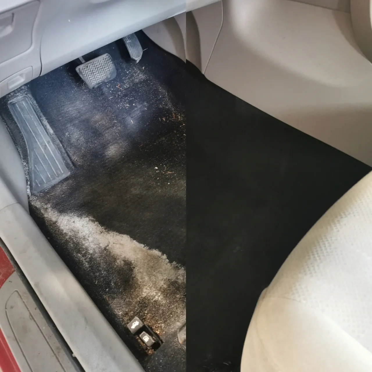 white road salt stains on car carpet floor driver side
